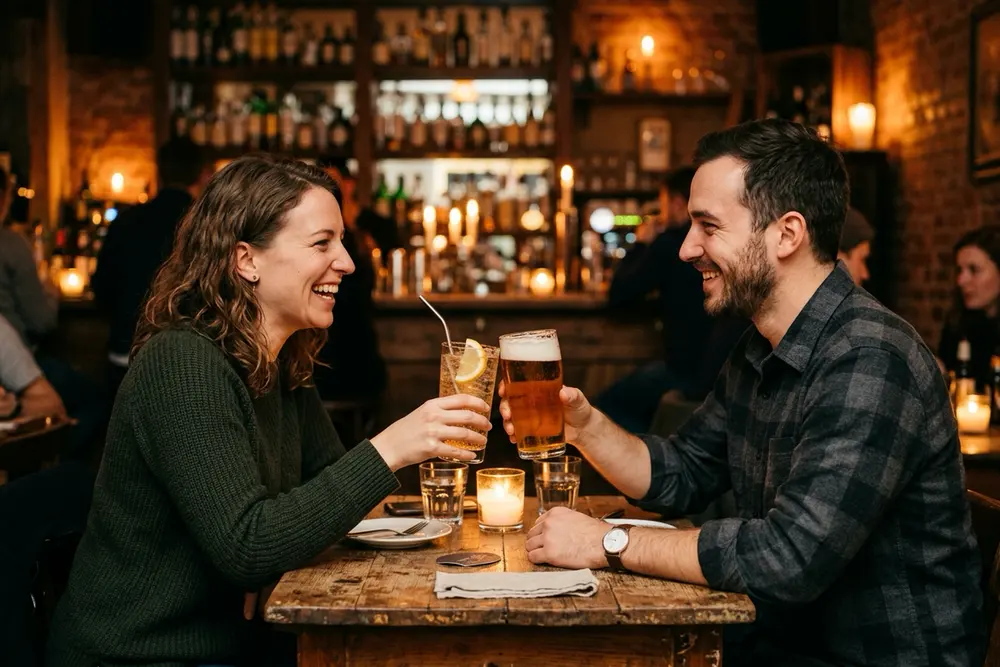 Two people laughing and clinking glasses at a candlelit bar table.