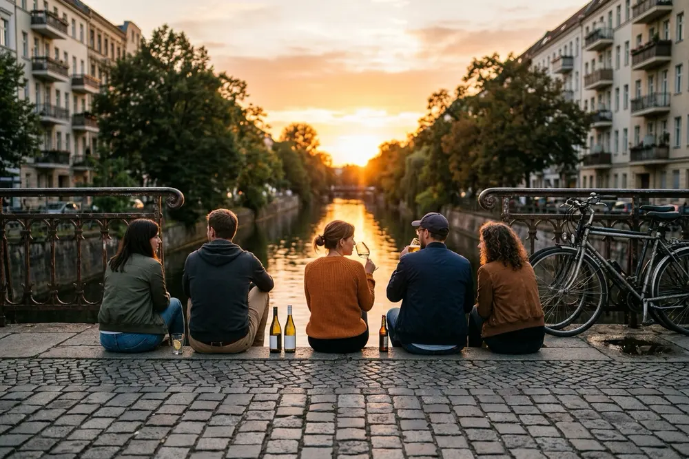 Five people sitting on a canal bridge at sunset, seen from behind.