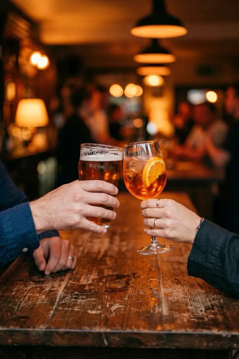 Two hands clinking a beer and a spritz over a wooden bar table.