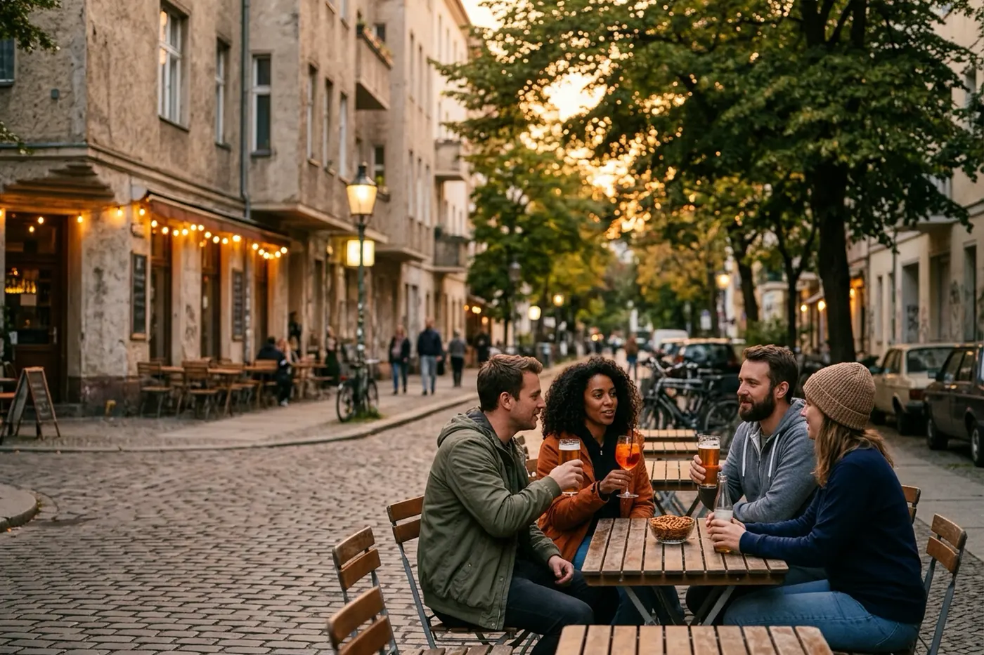 Four people talking over drinks at a table outside a corner bar, on a cobbled street at dusk.